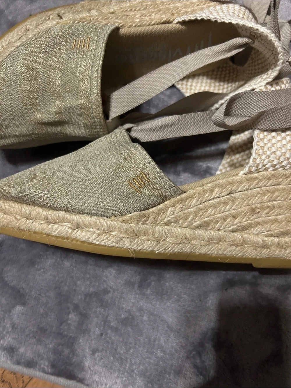 Viscata Espadrille canvas & tweed Wedge Sandals in Tan with Ankle Tie sz 35